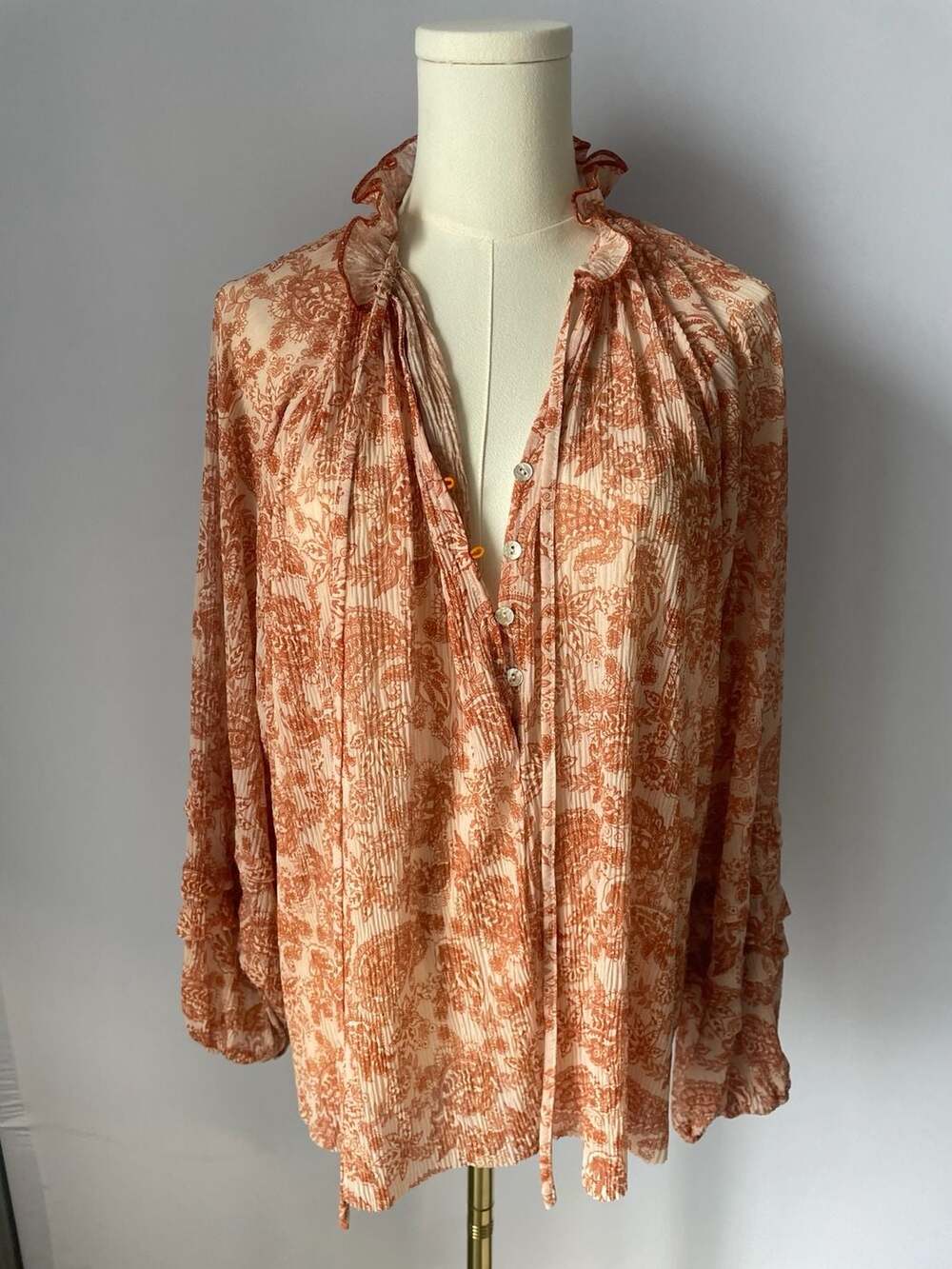 Pink Lily Orange Boho Paisley Floral Mesh Blouse